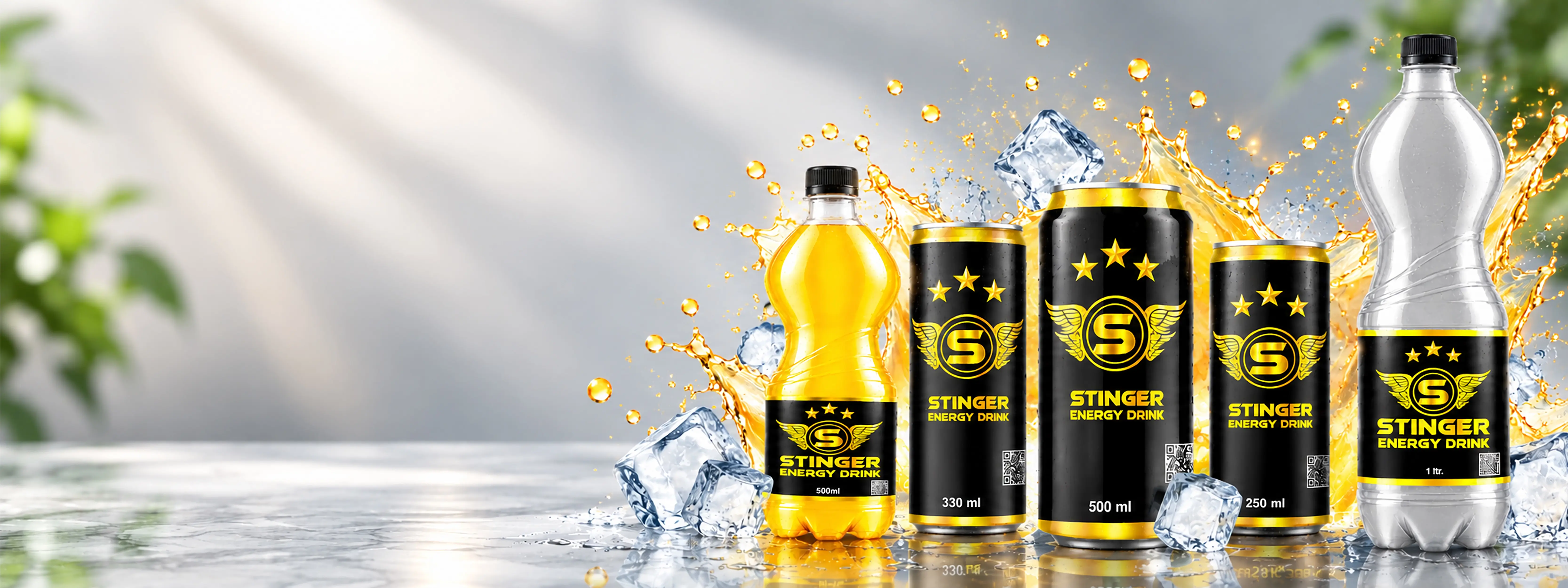 STINGER Energy Drink range featuring 500 ml and 1 L PET bottles with 250 ml, 330 ml and 500 ml cans, surrounded by ice cubes and golden liquid splashes.